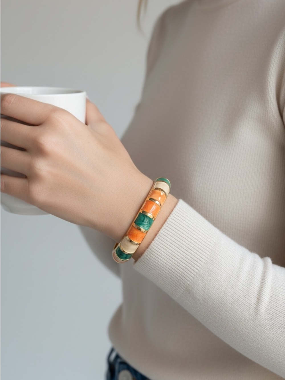 10/7 Gold Tone Resin Inlay Bangle Bracelet in Green and Orange